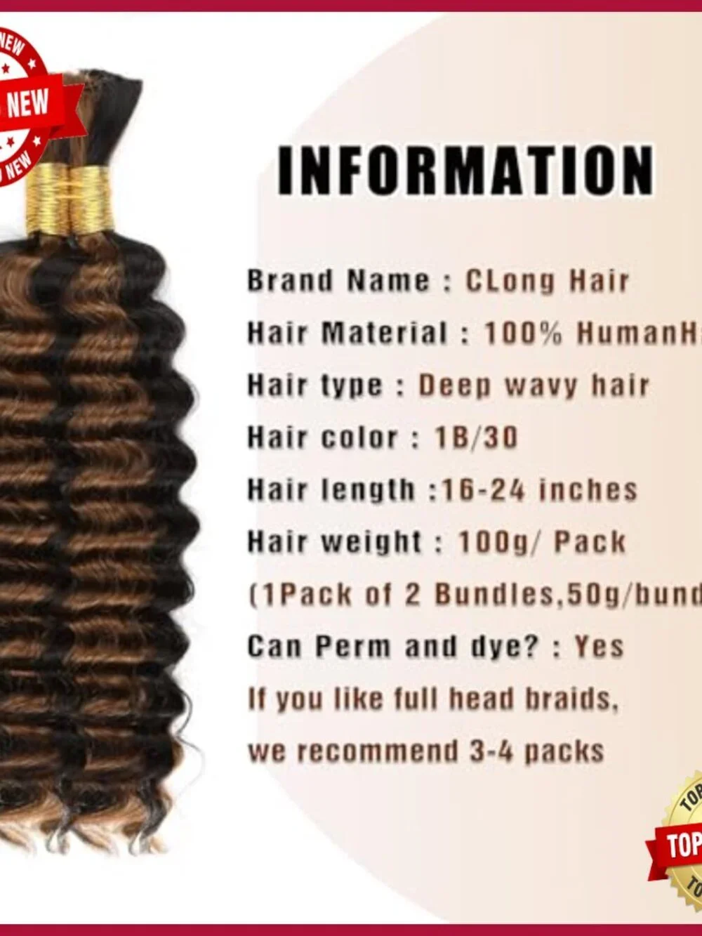 22 Inch Deep Wave Human Hair Extensions for Boho Braids 100g Bundle